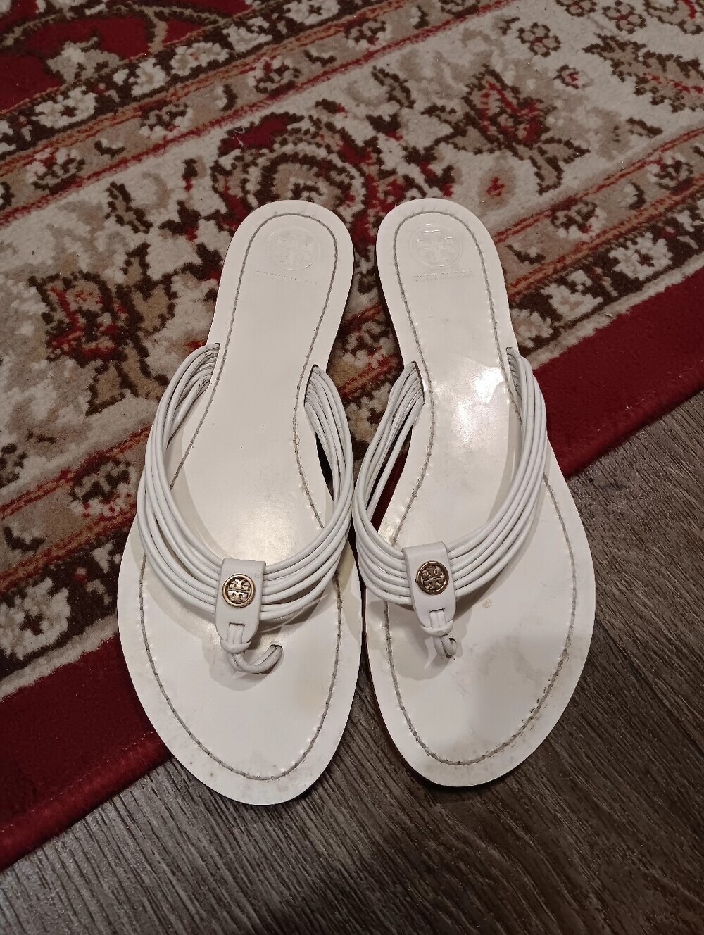 Tory Burch Sienne White Multi-Strap Thong Sandals with Logo Medallion